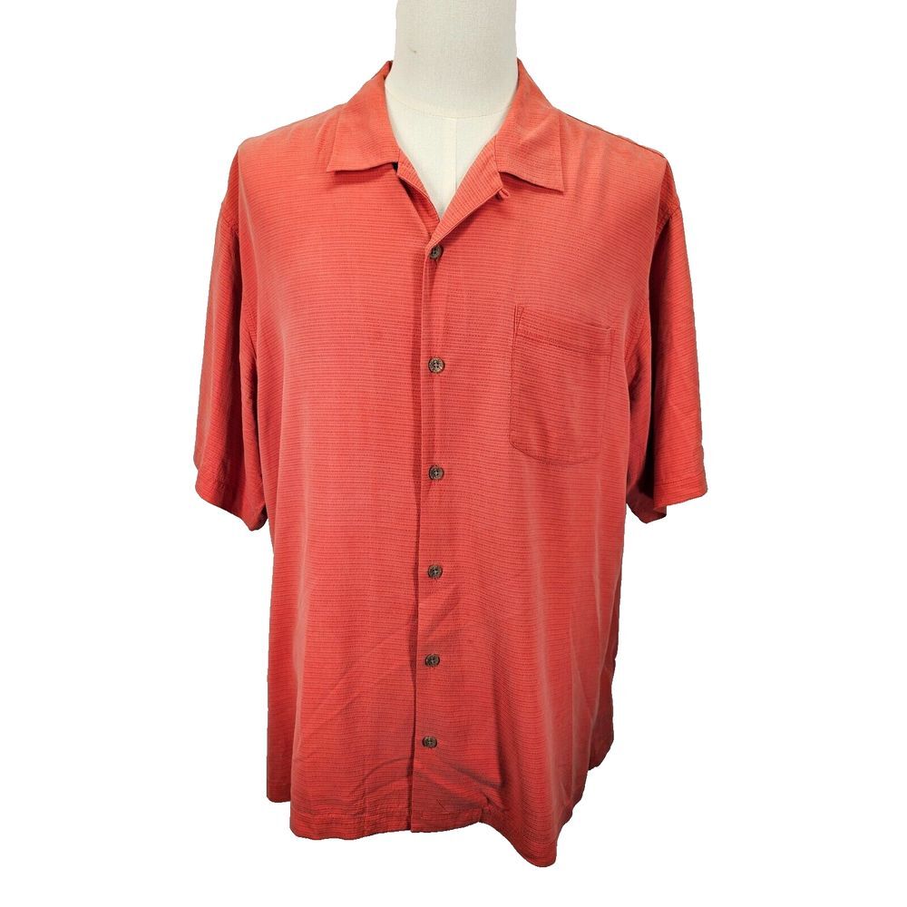 Tommy Bahama‎ 100% Silk Shirt Mens Sz XL Coral Orange Hawaiian Surf Short Sleeve